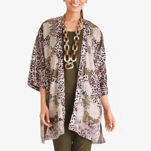 Chico’s Kimono Jacket Size S/M Tan Animal Print Resortcore Quiet Luxury